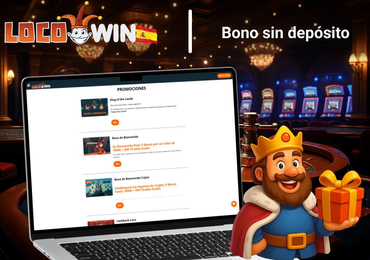 Portátil con la sección de promociones y un personaje ofreciendo un regalo asociado al bono sin depósito